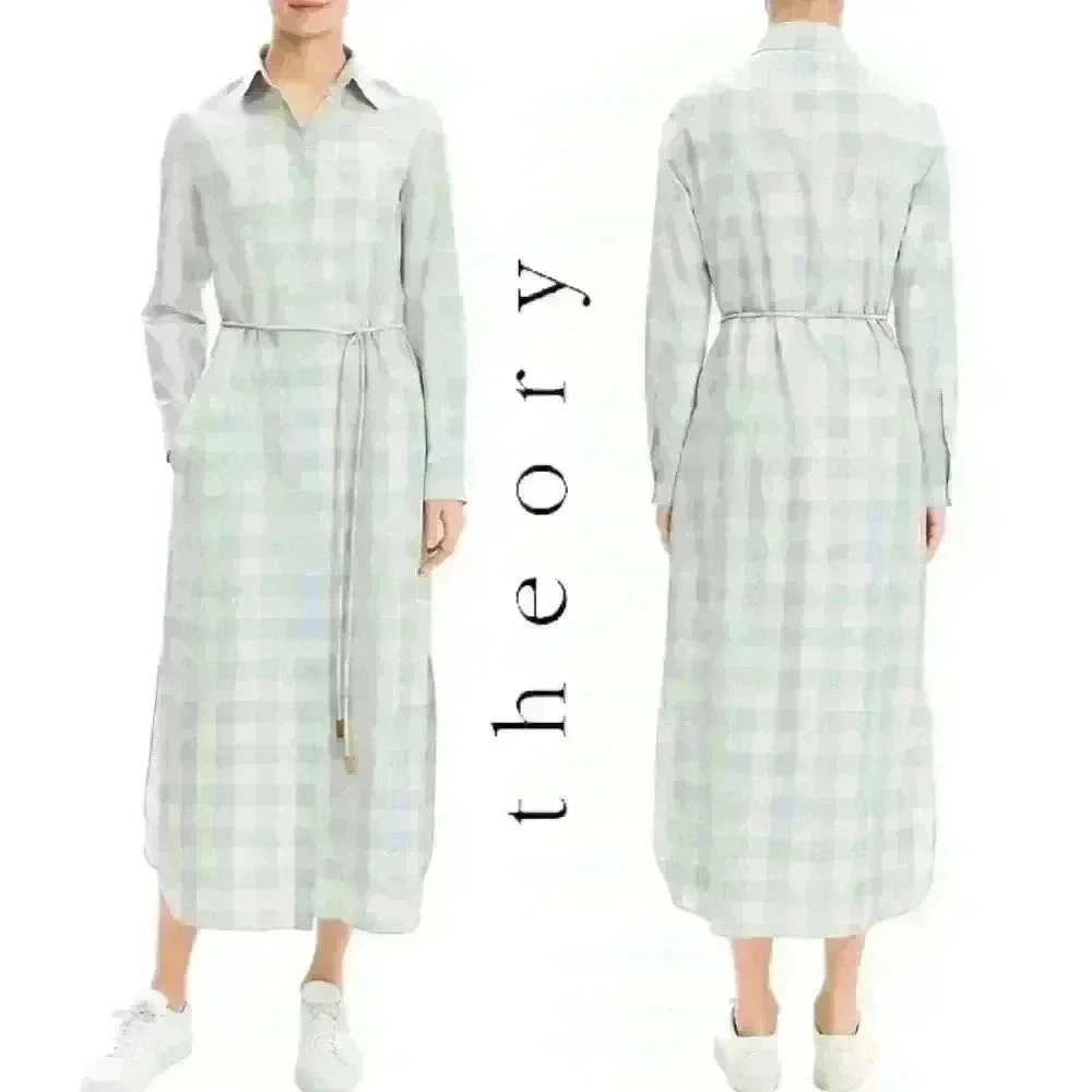 THEORY Fuji Check Belted Italian Yarn-Dyed Side Slit Shirtdress
